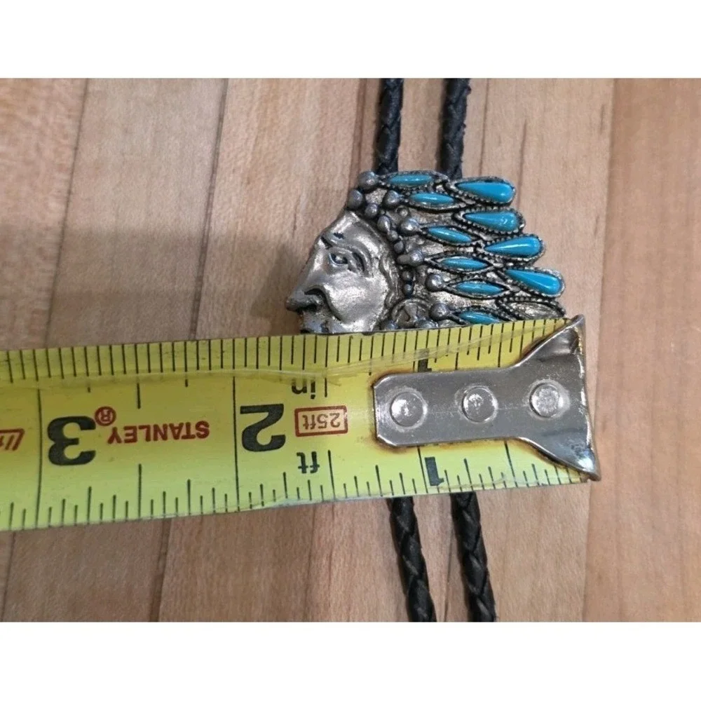 VTG Western Indian Chief‎ Bolo Tie Silver Tone Light Blue Turquoise Color Cowboy